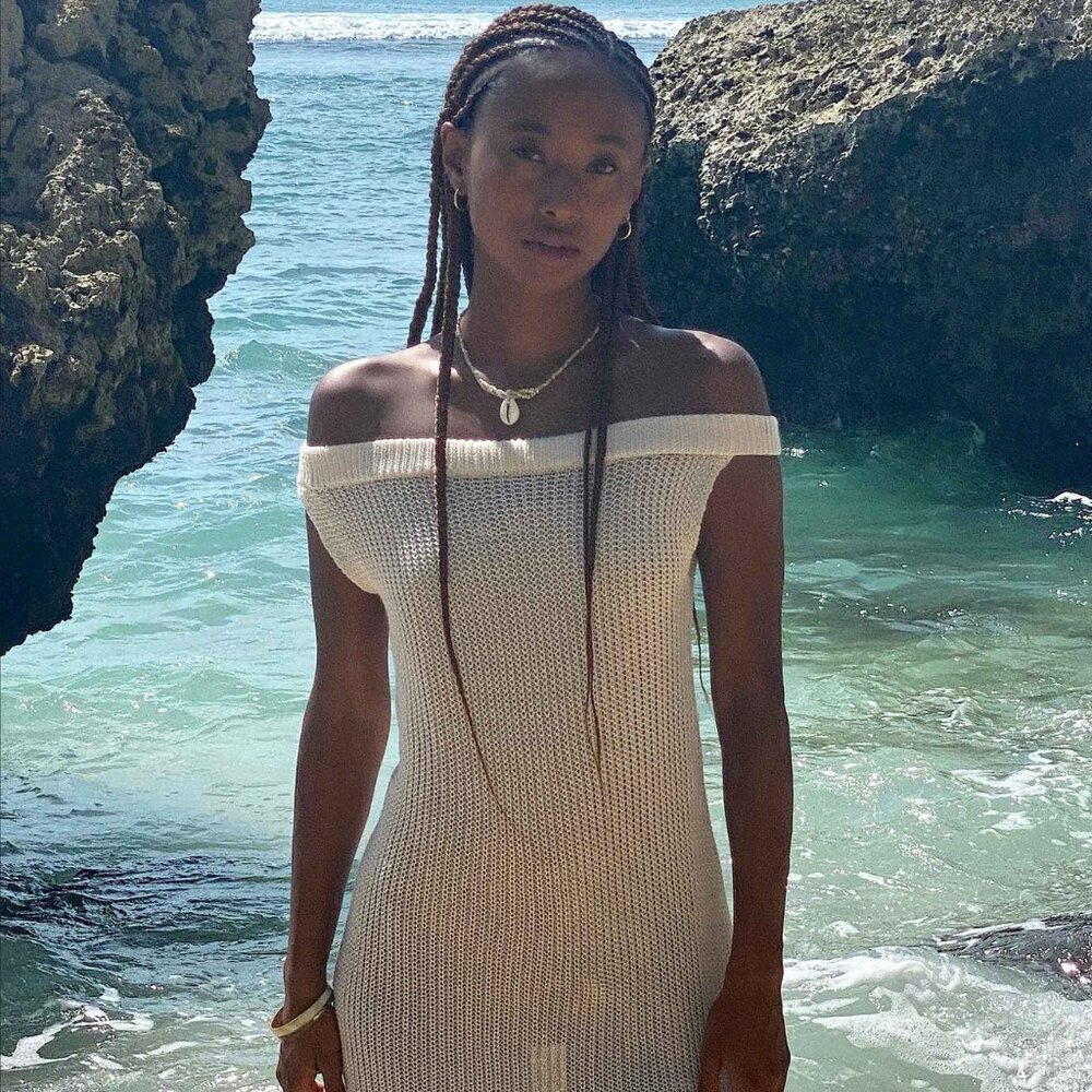 NWT Motel Vivian Knitted Bardot Mini Dress in Ivory